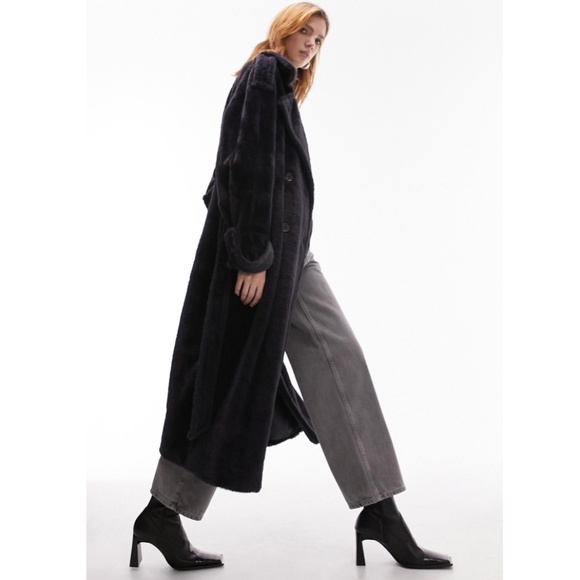 *SOLD* Topshop ASOS Fluffy Longline Faux Fur Fluffy Trench Coat Navy Small NEW - Picture 3 of 8
